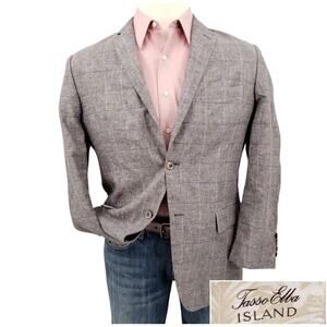 Tasso Elba Island Mens Blazer XXL 48-50 Sport Coat Linen Jacket Gray Plaid